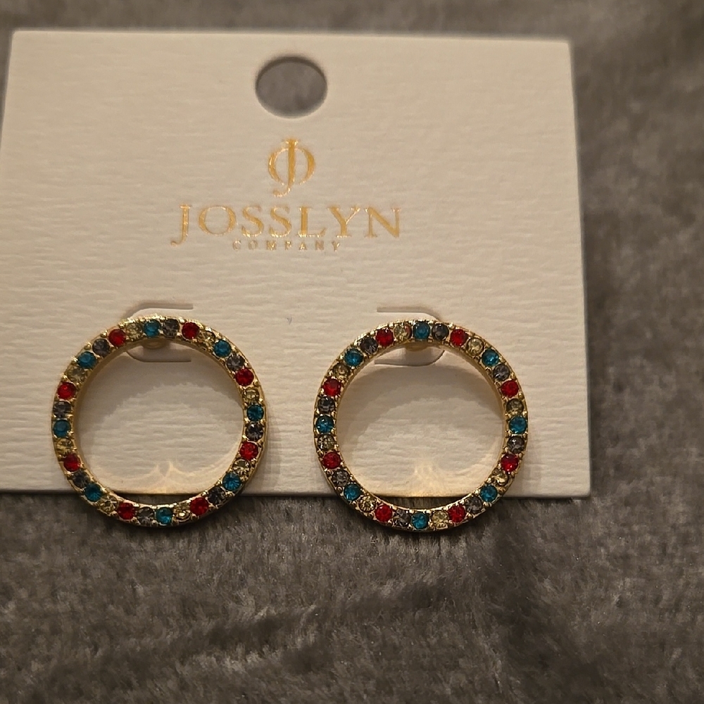 Josslyn Gold Circle Earrings with Red and Blue Accents